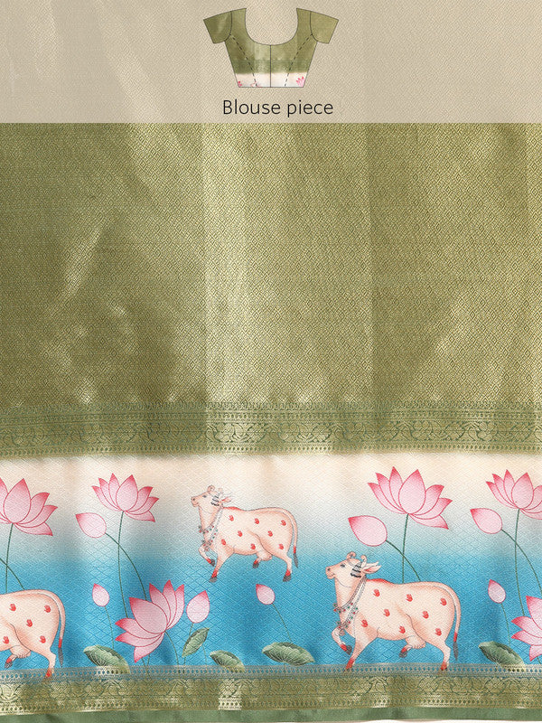 Green Kanjeevaram Silk Digital Print Geomatric Saree with Unstitched Blouse - Hiral Fashion - Distacart