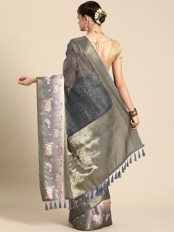 Gray Kanjeevaram Silk Digital Print Geomatric Saree with Unstitched Blouse - Hiral Fashion - Distacart