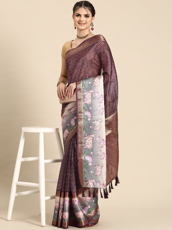 Purple Kanjeevaram Silk Digital Print Geomatric Saree with Unstitched Blouse - Hiral Fashion - Distacart