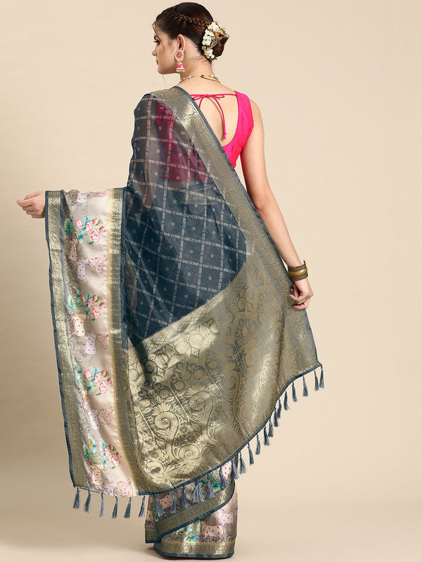 Gray Kanjeevaram Silk Digital Print Geomatric Saree with Unstitched Blouse - Hiral Fashion - Distacart