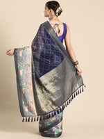 Thumbnail for Navy Blue Kanjeevaram Silk Digital Print Geomatric Saree with Unstitched Blouse - Hiral Fashion - Distacart
