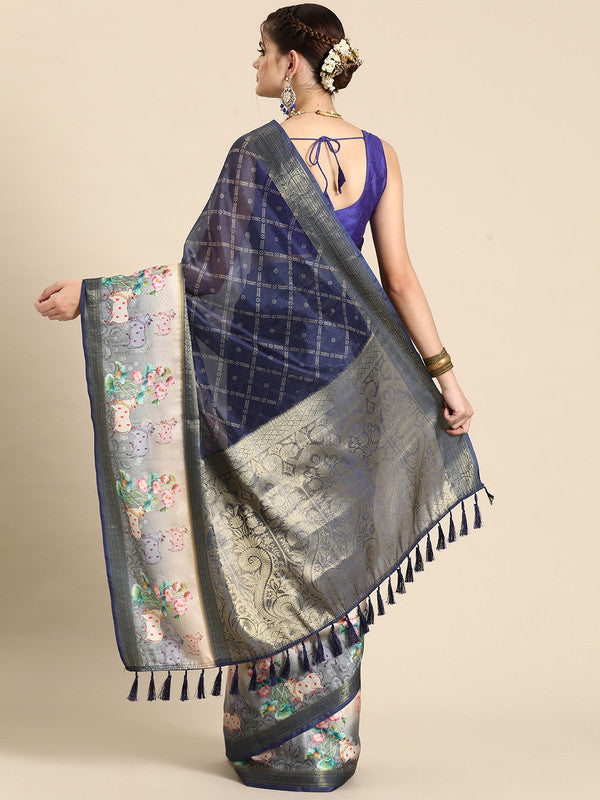 Navy Blue Kanjeevaram Silk Digital Print Geomatric Saree with Unstitched Blouse - Hiral Fashion - Distacart