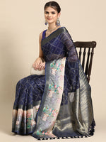 Thumbnail for Navy Blue Kanjeevaram Silk Digital Print Geomatric Saree with Unstitched Blouse - Hiral Fashion - Distacart