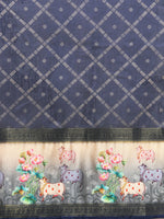 Thumbnail for Navy Blue Kanjeevaram Silk Digital Print Geomatric Saree with Unstitched Blouse - Hiral Fashion - Distacart