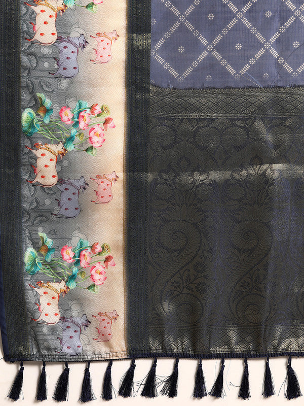 Navy Blue Kanjeevaram Silk Digital Print Geomatric Saree with Unstitched Blouse - Hiral Fashion - Distacart