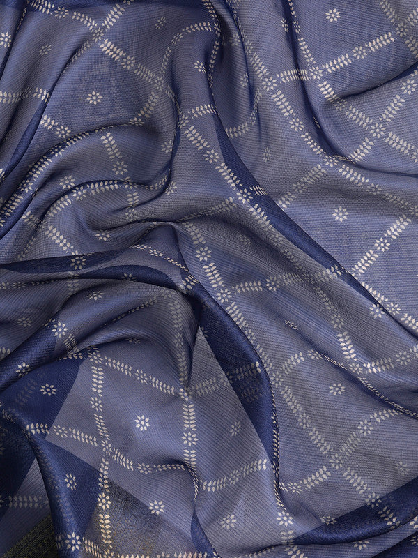 Navy Blue Kanjeevaram Silk Digital Print Geomatric Saree with Unstitched Blouse - Hiral Fashion - Distacart