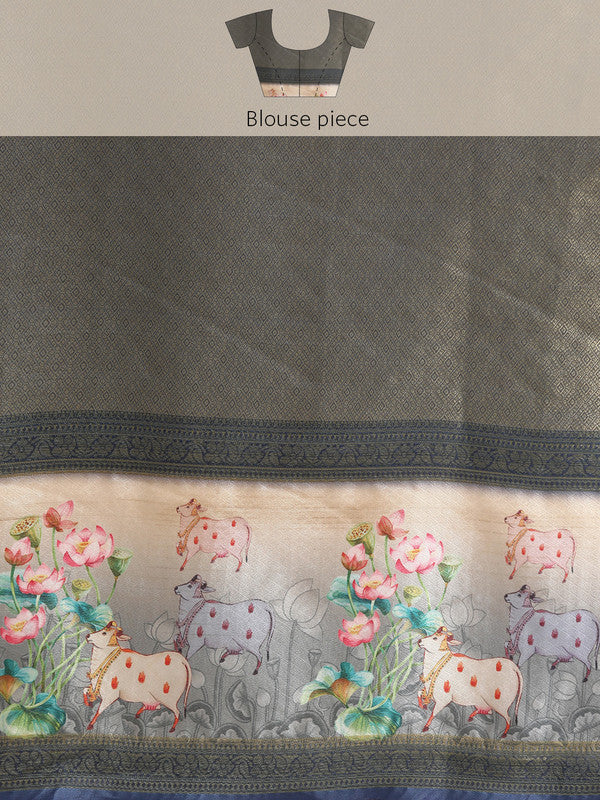 Navy Blue Kanjeevaram Silk Digital Print Geomatric Saree with Unstitched Blouse - Hiral Fashion - Distacart