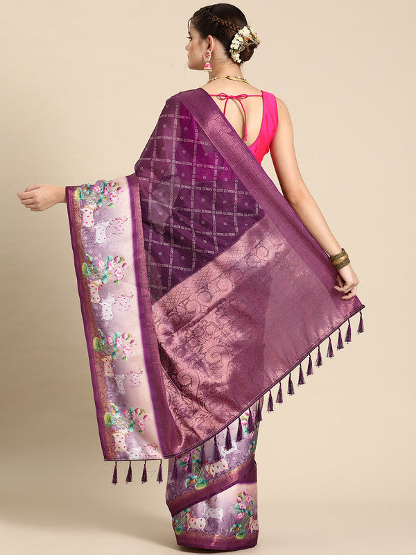 Purple Kanjeevaram Silk Digital Print Geomatric Saree with Unstitched Blouse - Hiral Fashion - Distacart