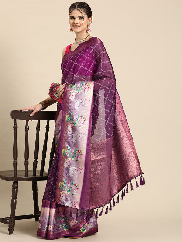 Purple Kanjeevaram Silk Digital Print Geomatric Saree with Unstitched Blouse - Hiral Fashion - Distacart