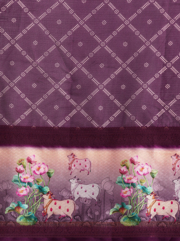 Purple Kanjeevaram Silk Digital Print Geomatric Saree with Unstitched Blouse - Hiral Fashion - Distacart