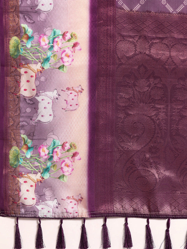 Purple Kanjeevaram Silk Digital Print Geomatric Saree with Unstitched Blouse - Hiral Fashion - Distacart