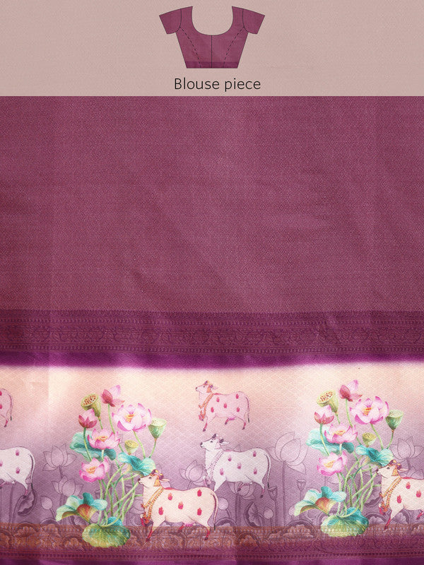 Purple Kanjeevaram Silk Digital Print Geomatric Saree with Unstitched Blouse - Hiral Fashion - Distacart