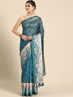 Thumbnail for Turquoise Kanjeevaram Silk Digital Print Geomatric Saree with Unstitched Blouse - Hiral Fashion - Distacart