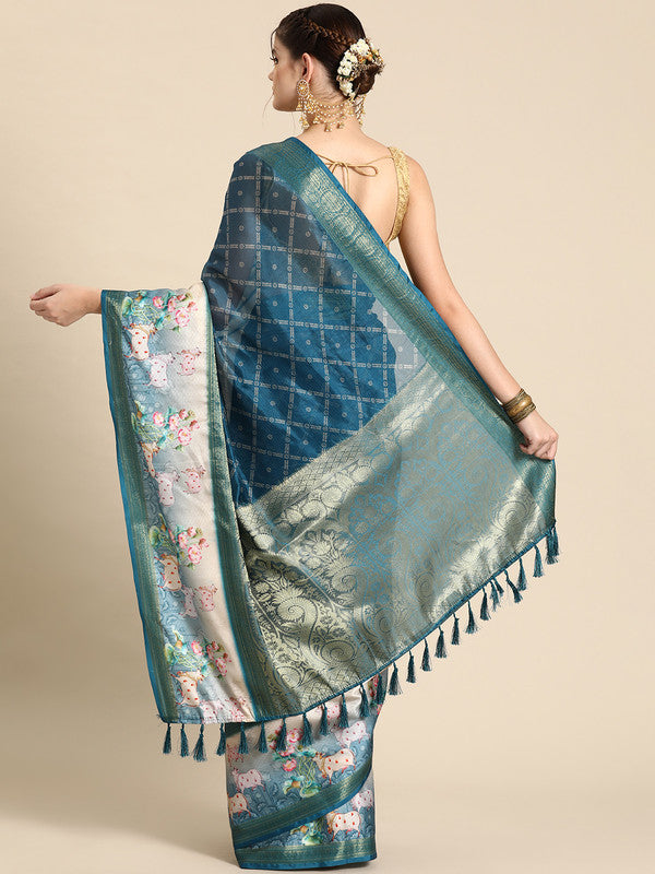 Turquoise Kanjeevaram Silk Digital Print Geomatric Saree with Unstitched Blouse - Hiral Fashion - Distacart