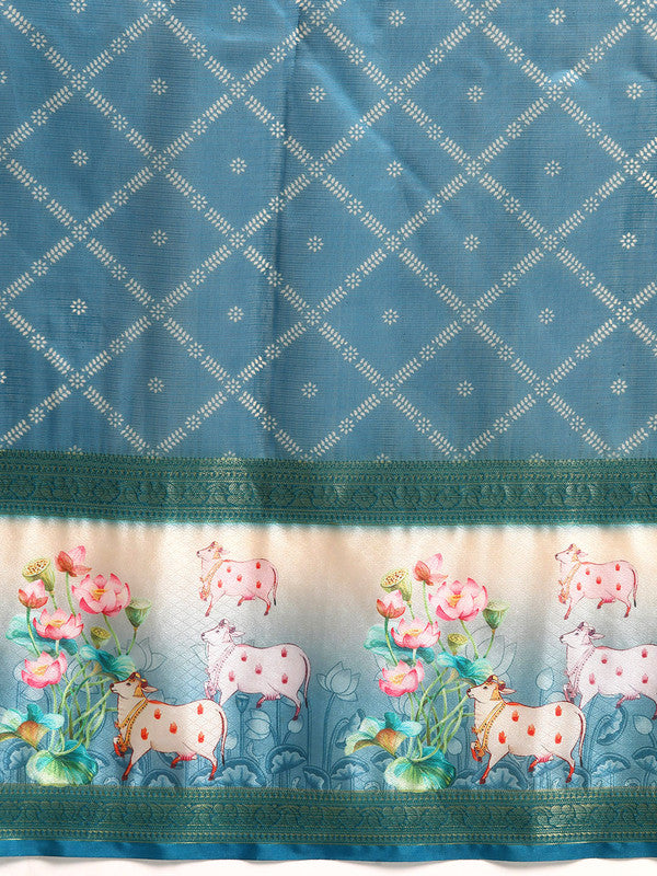 Turquoise Kanjeevaram Silk Digital Print Geomatric Saree with Unstitched Blouse - Hiral Fashion - Distacart