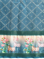 Thumbnail for Turquoise Kanjeevaram Silk Digital Print Geomatric Saree with Unstitched Blouse - Hiral Fashion - Distacart