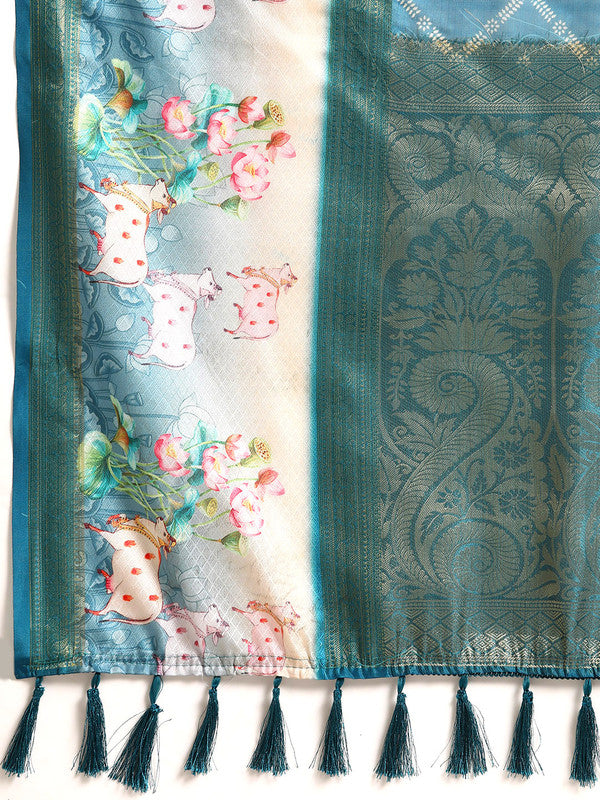 Turquoise Kanjeevaram Silk Digital Print Geomatric Saree with Unstitched Blouse - Hiral Fashion - Distacart