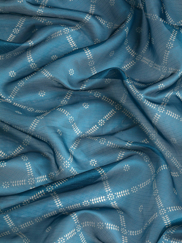 Turquoise Kanjeevaram Silk Digital Print Geomatric Saree with Unstitched Blouse - Hiral Fashion - Distacart