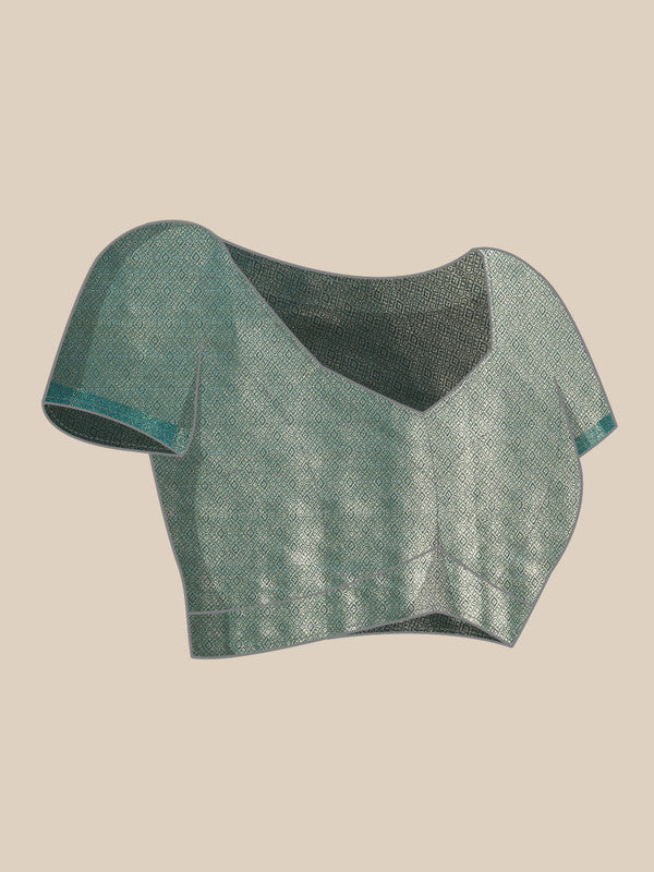 Turquoise Kanjeevaram Silk Digital Print Geomatric Saree with Unstitched Blouse - Hiral Fashion - Distacart