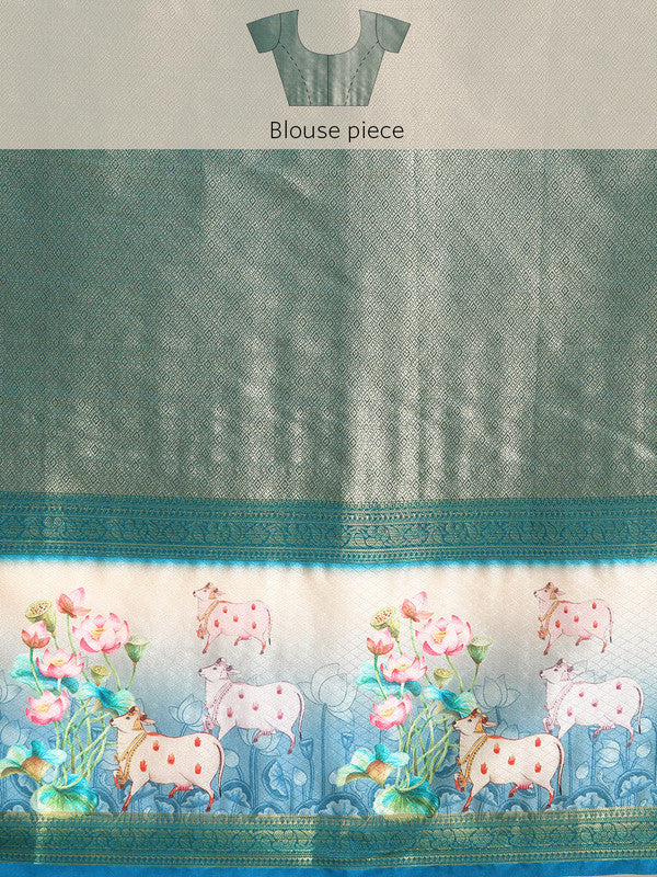 Turquoise Kanjeevaram Silk Digital Print Geomatric Saree with Unstitched Blouse - Hiral Fashion - Distacart