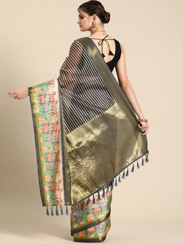 Gray Kanjeevaram Silk Digital Print Striped Saree with Unstitched Blouse - Hiral Fashion - Distacart