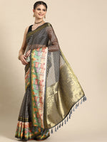 Thumbnail for Gray Kanjeevaram Silk Digital Print Striped Saree with Unstitched Blouse - Hiral Fashion - Distacart
