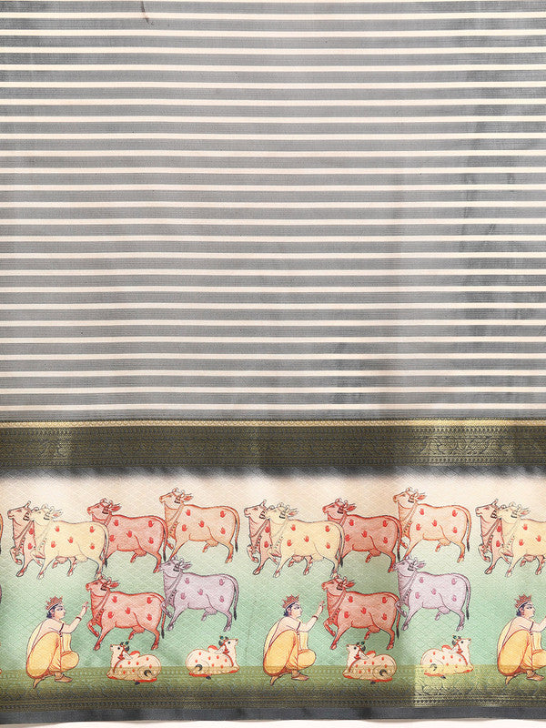 Gray Kanjeevaram Silk Digital Print Striped Saree with Unstitched Blouse - Hiral Fashion - Distacart
