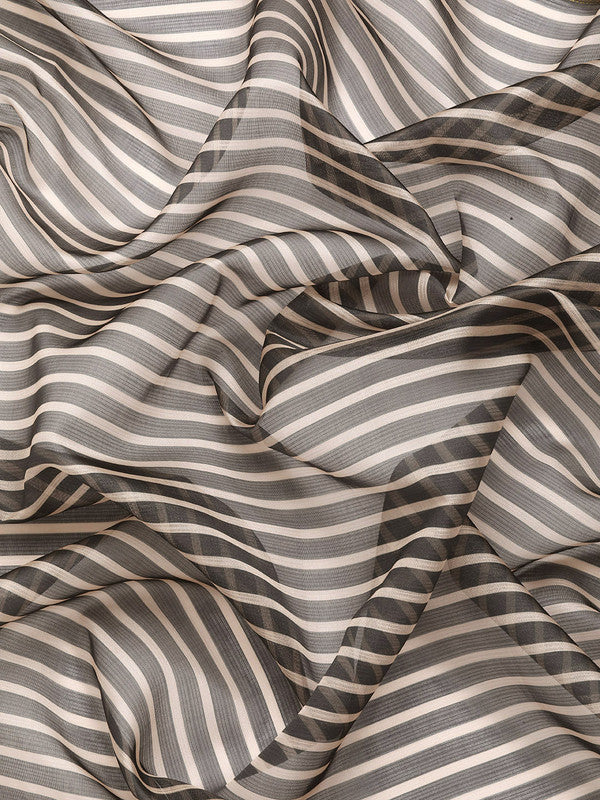 Gray Kanjeevaram Silk Digital Print Striped Saree with Unstitched Blouse - Hiral Fashion - Distacart