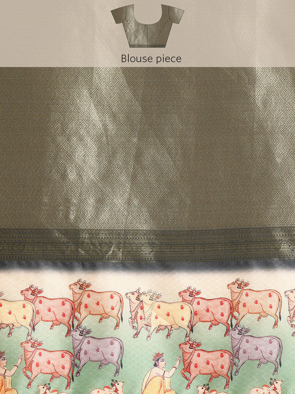 Gray Kanjeevaram Silk Digital Print Striped Saree with Unstitched Blouse - Hiral Fashion - Distacart