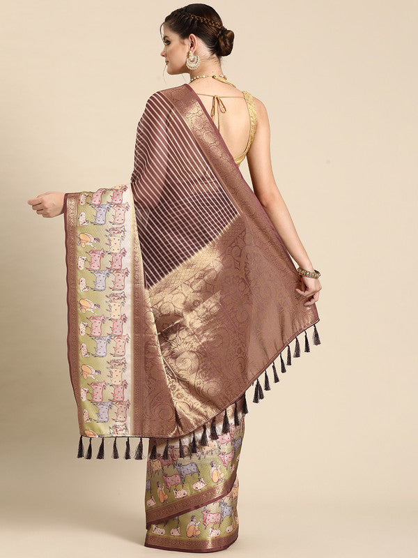 Maroon Kanjeevaram Silk Digital Print Striped Saree with Unstitched Blouse - Hiral Fashion - Distacart