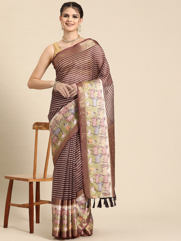 Maroon Kanjeevaram Silk Digital Print Striped Saree with Unstitched Blouse - Hiral Fashion - Distacart