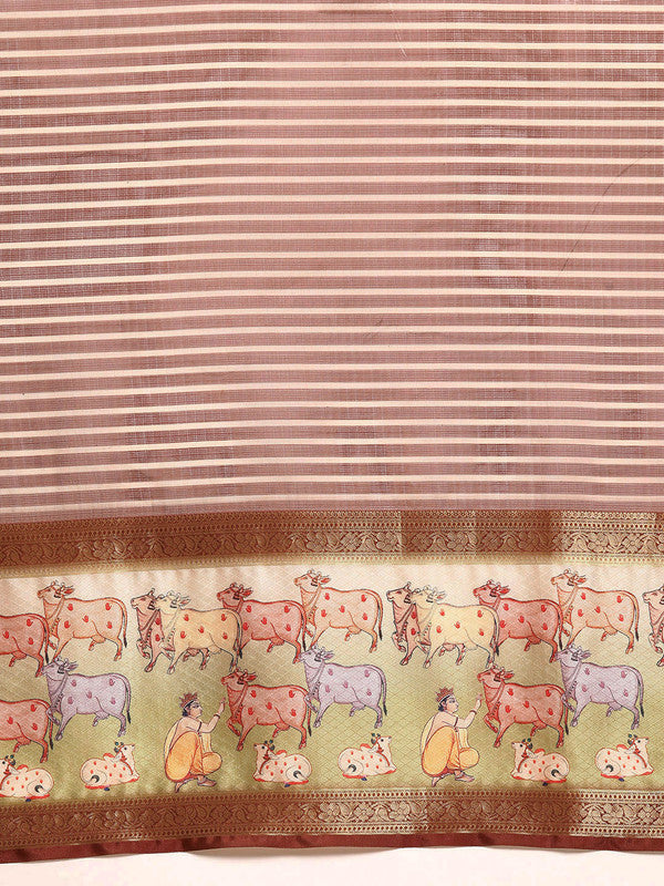 Maroon Kanjeevaram Silk Digital Print Striped Saree with Unstitched Blouse - Hiral Fashion - Distacart