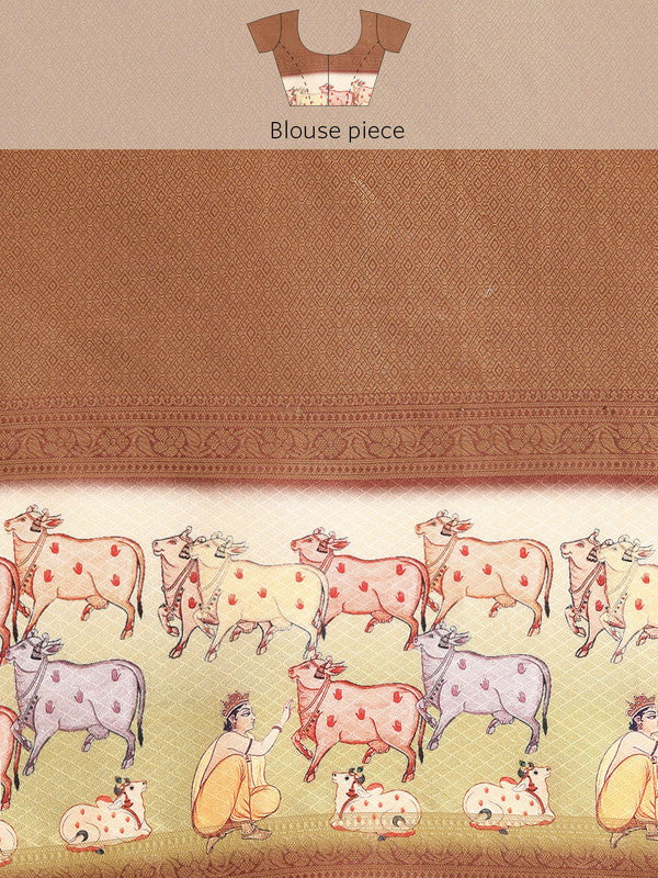 Maroon Kanjeevaram Silk Digital Print Striped Saree with Unstitched Blouse - Hiral Fashion - Distacart