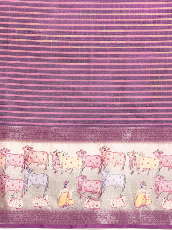 Purple Kanjeevaram Silk Digital Print Striped Saree with Unstitched Blouse - Hiral Fashion - Distacart