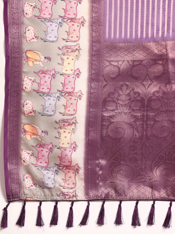 Purple Kanjeevaram Silk Digital Print Striped Saree with Unstitched Blouse - Hiral Fashion - Distacart