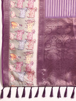 Thumbnail for Purple Kanjeevaram Silk Digital Print Striped Saree with Unstitched Blouse - Hiral Fashion - Distacart