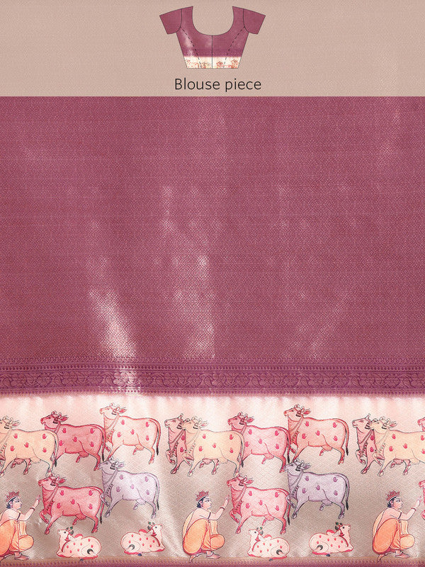 Purple Kanjeevaram Silk Digital Print Striped Saree with Unstitched Blouse - Hiral Fashion - Distacart