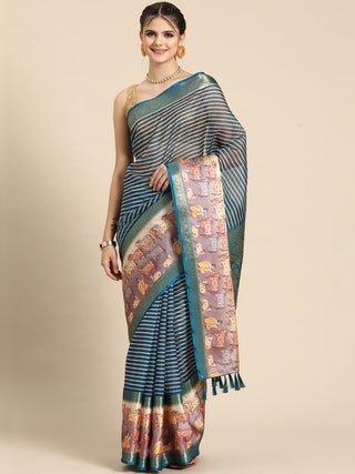 Turquoise Kanjeevaram Silk Digital Print Striped Saree with Unstitched Blouse - Hiral Fashion - Distacart