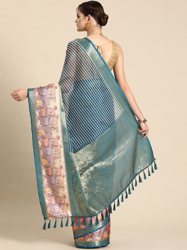 Turquoise Kanjeevaram Silk Digital Print Striped Saree with Unstitched Blouse - Hiral Fashion - Distacart