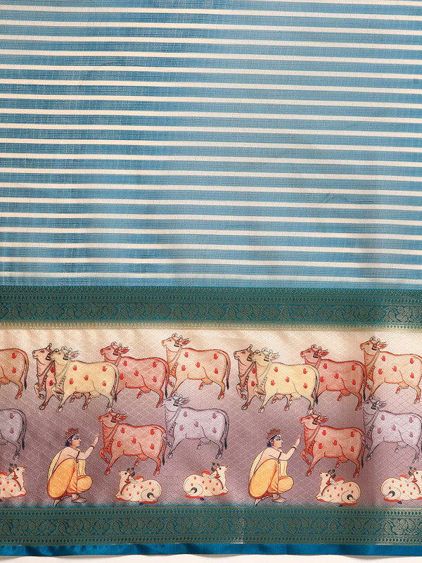 Turquoise Kanjeevaram Silk Digital Print Striped Saree with Unstitched Blouse - Hiral Fashion - Distacart