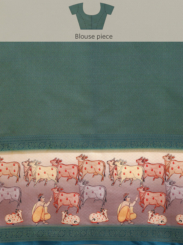 Turquoise Kanjeevaram Silk Digital Print Striped Saree with Unstitched Blouse - Hiral Fashion - Distacart