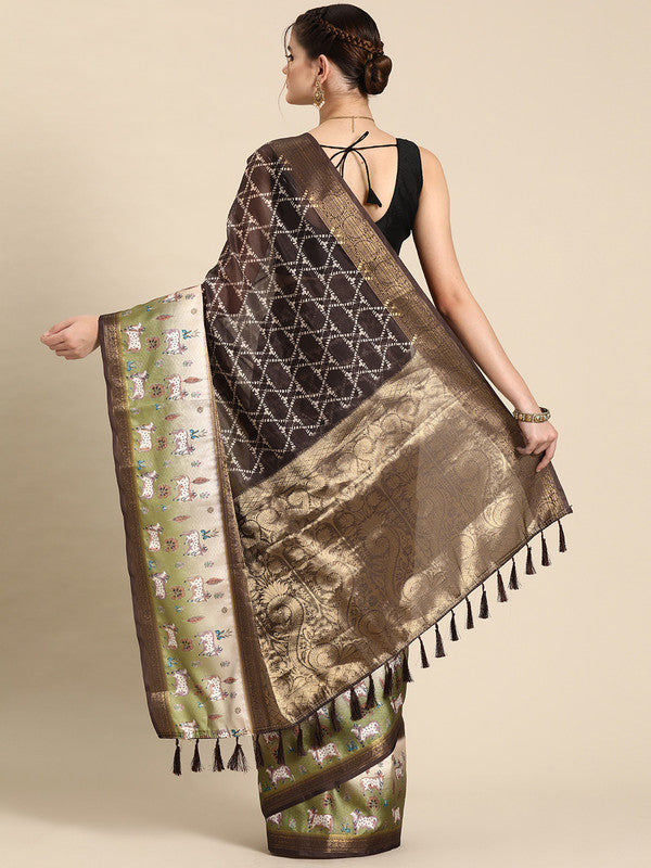 Brown Kanjeevaram Silk Digital Print Geomatric Saree with Unstitched Blouse - Hiral Fashion - Distacart