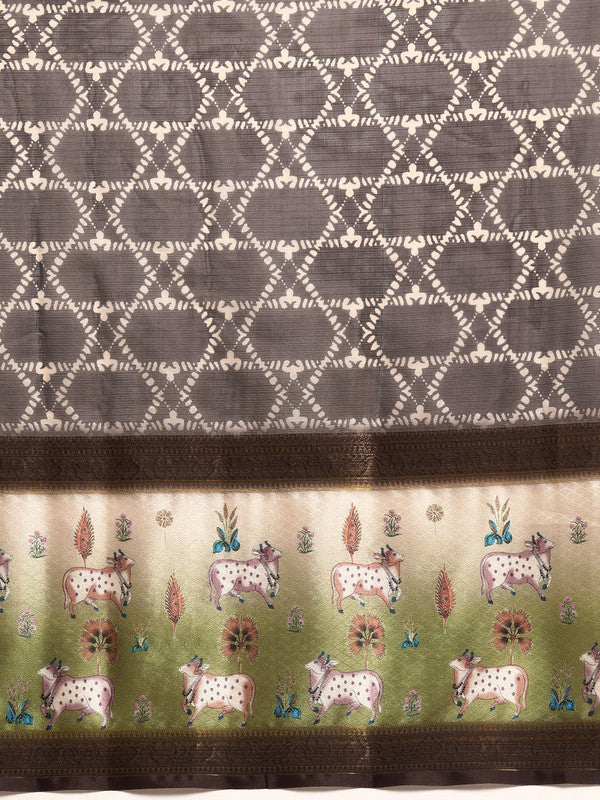 Brown Kanjeevaram Silk Digital Print Geomatric Saree with Unstitched Blouse - Hiral Fashion - Distacart