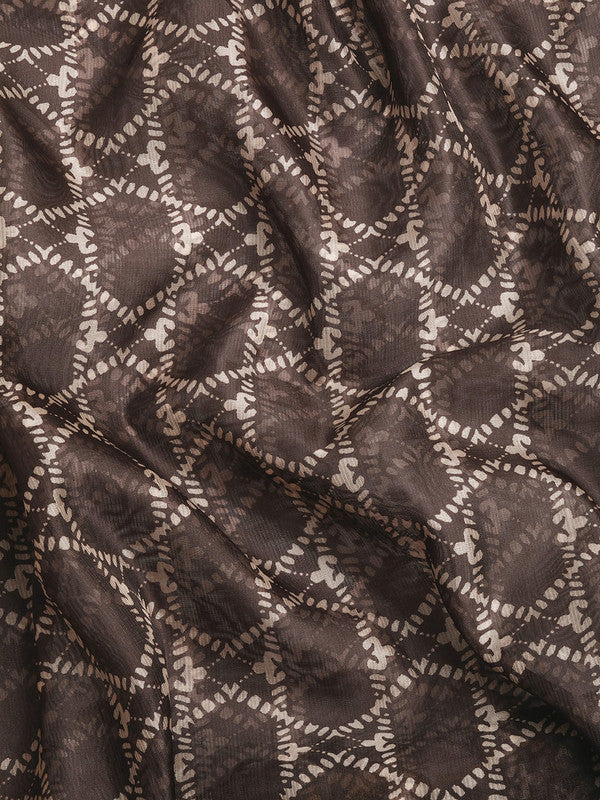 Brown Kanjeevaram Silk Digital Print Geomatric Saree with Unstitched Blouse - Hiral Fashion - Distacart