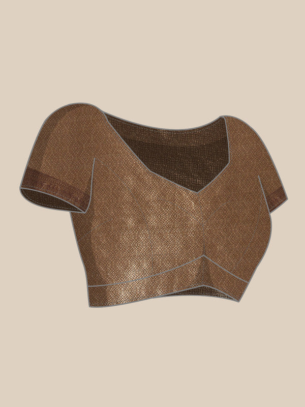 Brown Kanjeevaram Silk Digital Print Geomatric Saree with Unstitched Blouse - Hiral Fashion - Distacart