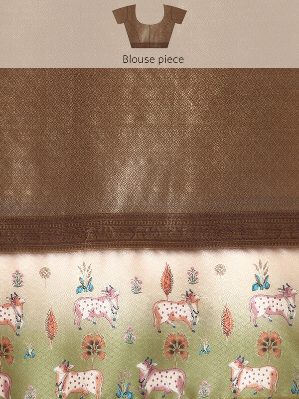 Brown Kanjeevaram Silk Digital Print Geomatric Saree with Unstitched Blouse - Hiral Fashion - Distacart