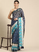 Thumbnail for Blue Kanjeevaram Silk Digital Print Geomatric Saree with Unstitched Blouse - Hiral Fashion - Distacart