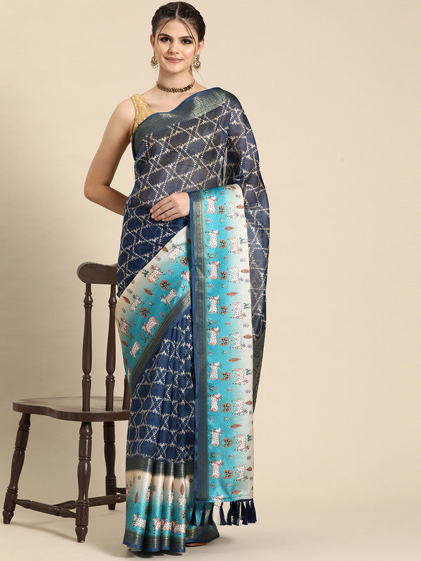 Blue Kanjeevaram Silk Digital Print Geomatric Saree with Unstitched Blouse - Hiral Fashion - Distacart