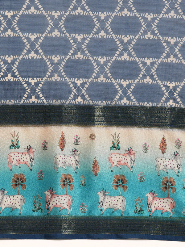 Blue Kanjeevaram Silk Digital Print Geomatric Saree with Unstitched Blouse - Hiral Fashion - Distacart