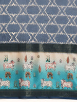 Thumbnail for Blue Kanjeevaram Silk Digital Print Geomatric Saree with Unstitched Blouse - Hiral Fashion - Distacart